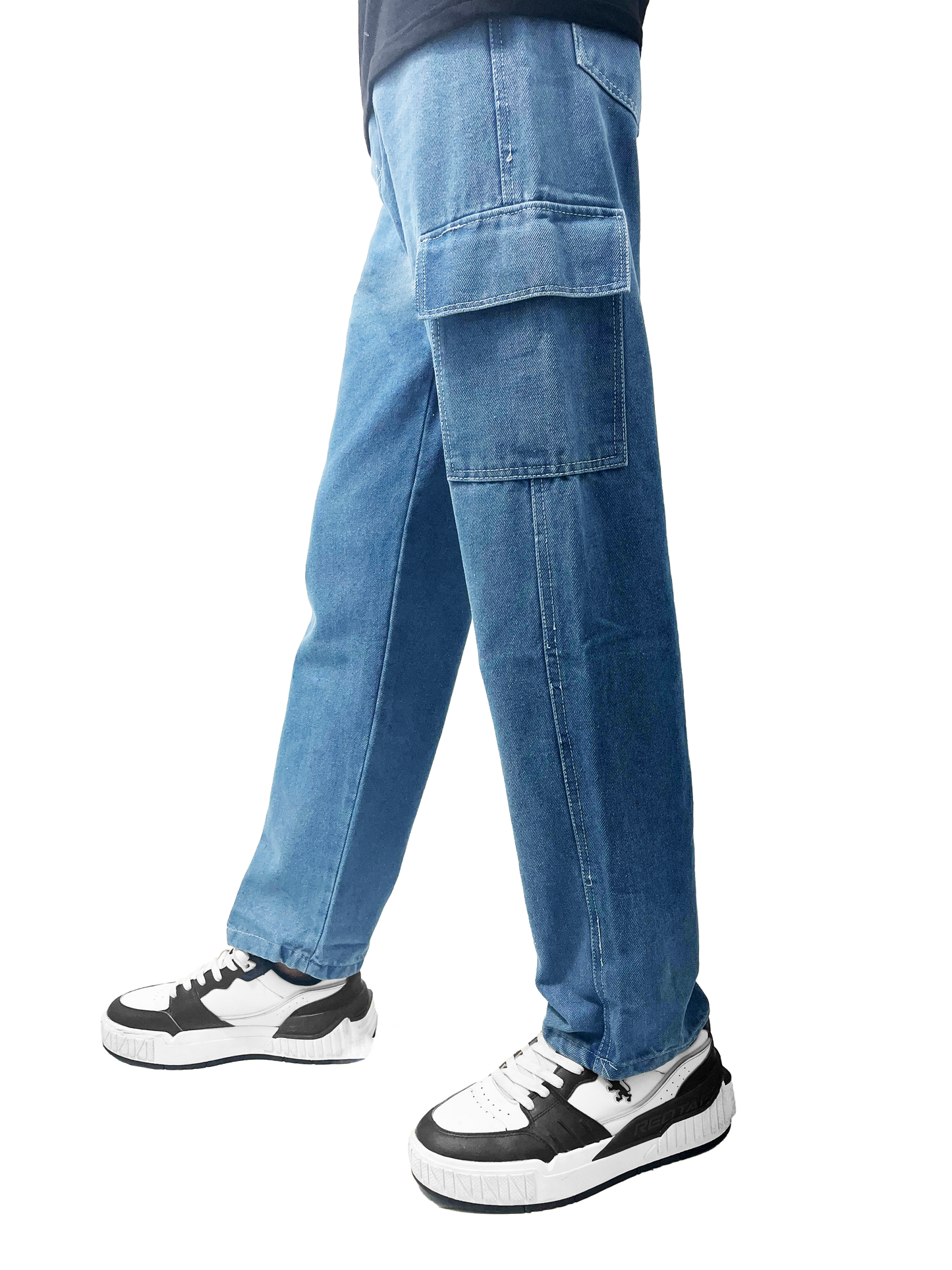 Blue Denim Cargo Pants Straight Fit 6 Pocket