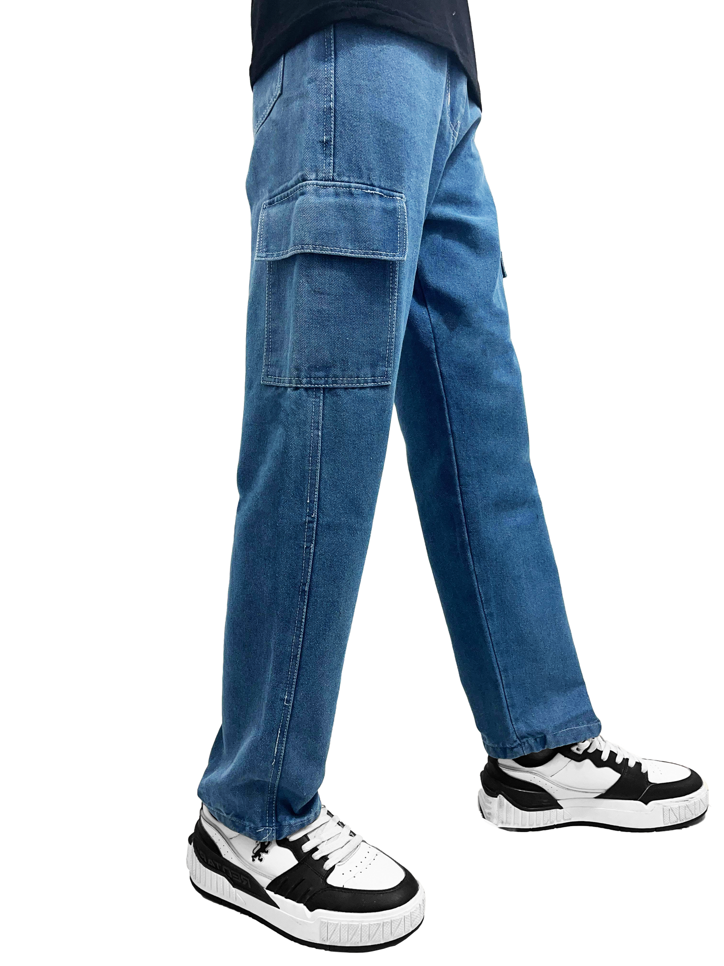 Blue Denim Cargo Pants Straight Fit 6 Pocket