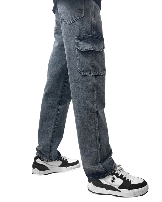 Gray Denim Cargo Pants Straight Fit 6 Pocket